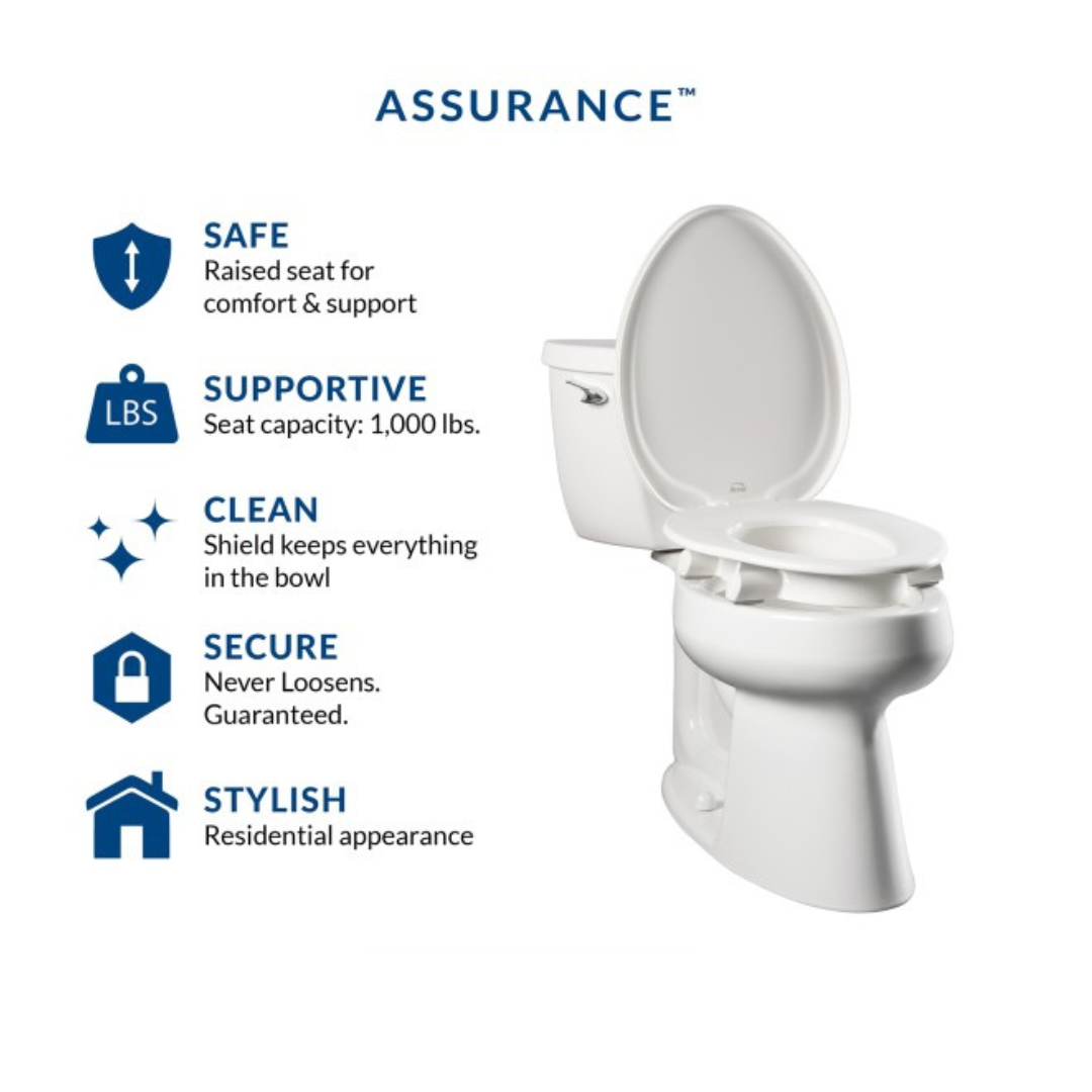 Image of the Bemis Assurance® with Clean·Shield 3 Premium Raised Toilet Seat featuring Stay•Tite installation. Highlights include: safe raised seat, supports up to 1,000 lbs, spill shield for cleanliness, secure installation that wont loosen, and stylish residential design.